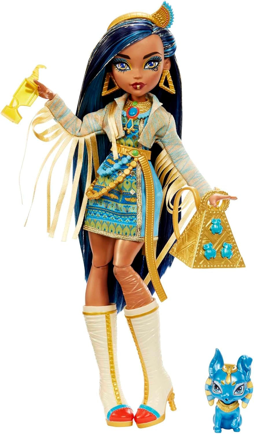 Monster High Cleo de Nile Puppe, Mummie Modepuppe, Königliches Outfit, Killerstiefel, Pyramidenrygsæk, Tilbehør, für Kinder ab 4 Jahren, HHK54