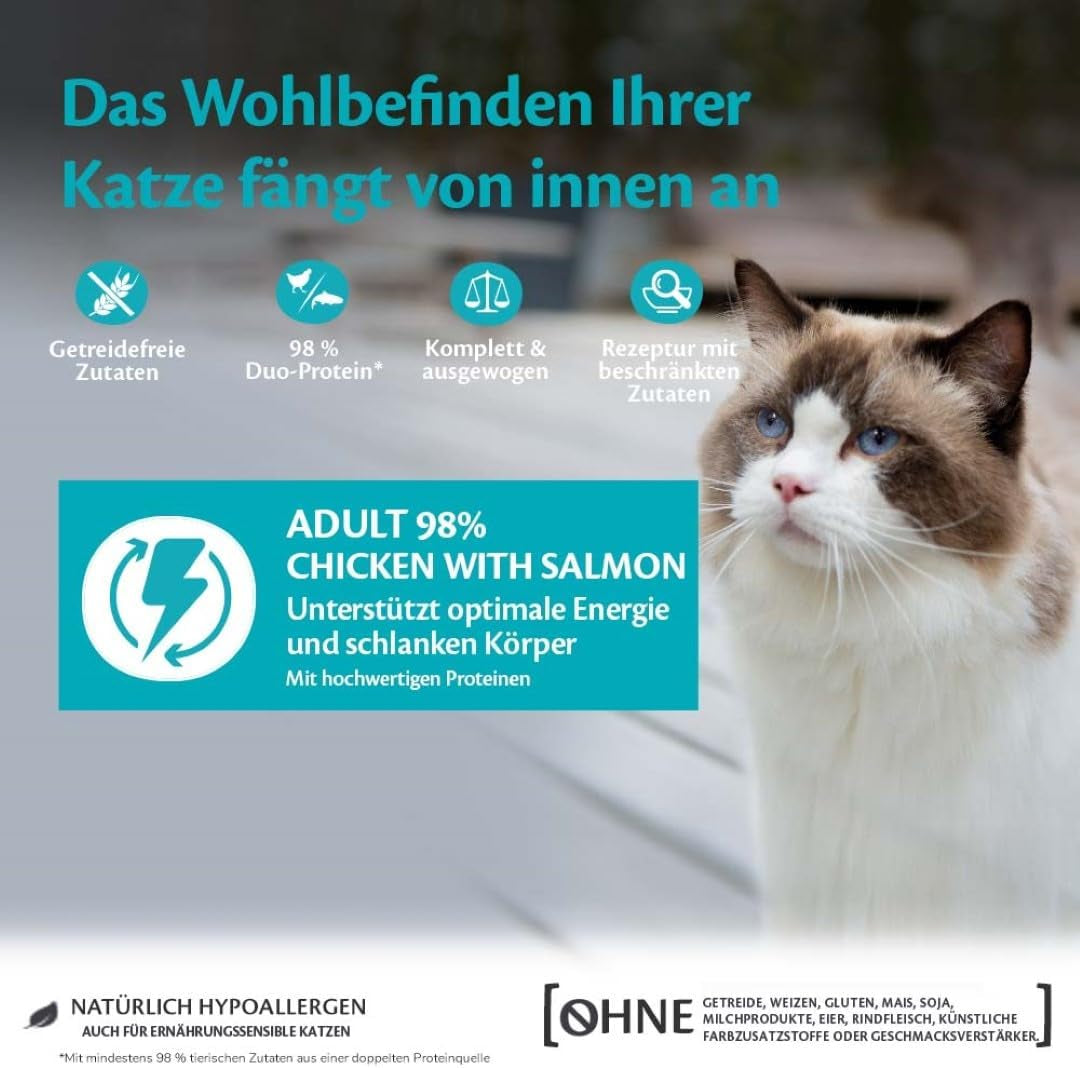 Wellness CORE 98% 12 x 85g, Kylling og Laks - Våd kattefoder, tyk paté, kornfri, naturlig, allergivenlig, højt proteinindhold, højt indhold af kød