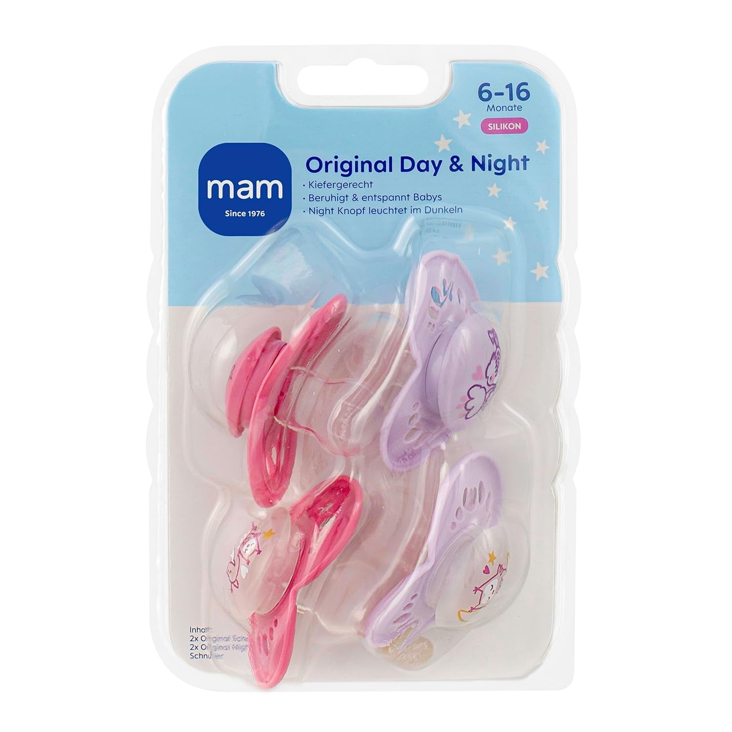 MAM Original Day & Night Matt sutter | 6-16 måneder | Suttesæt | Accept 94% | Hjælper med at forhindre uønsket tandjustering | Udviklet sammen med tandlæger Silicone SkinSoft | Fugle/ugle mønster | Pakke med 4