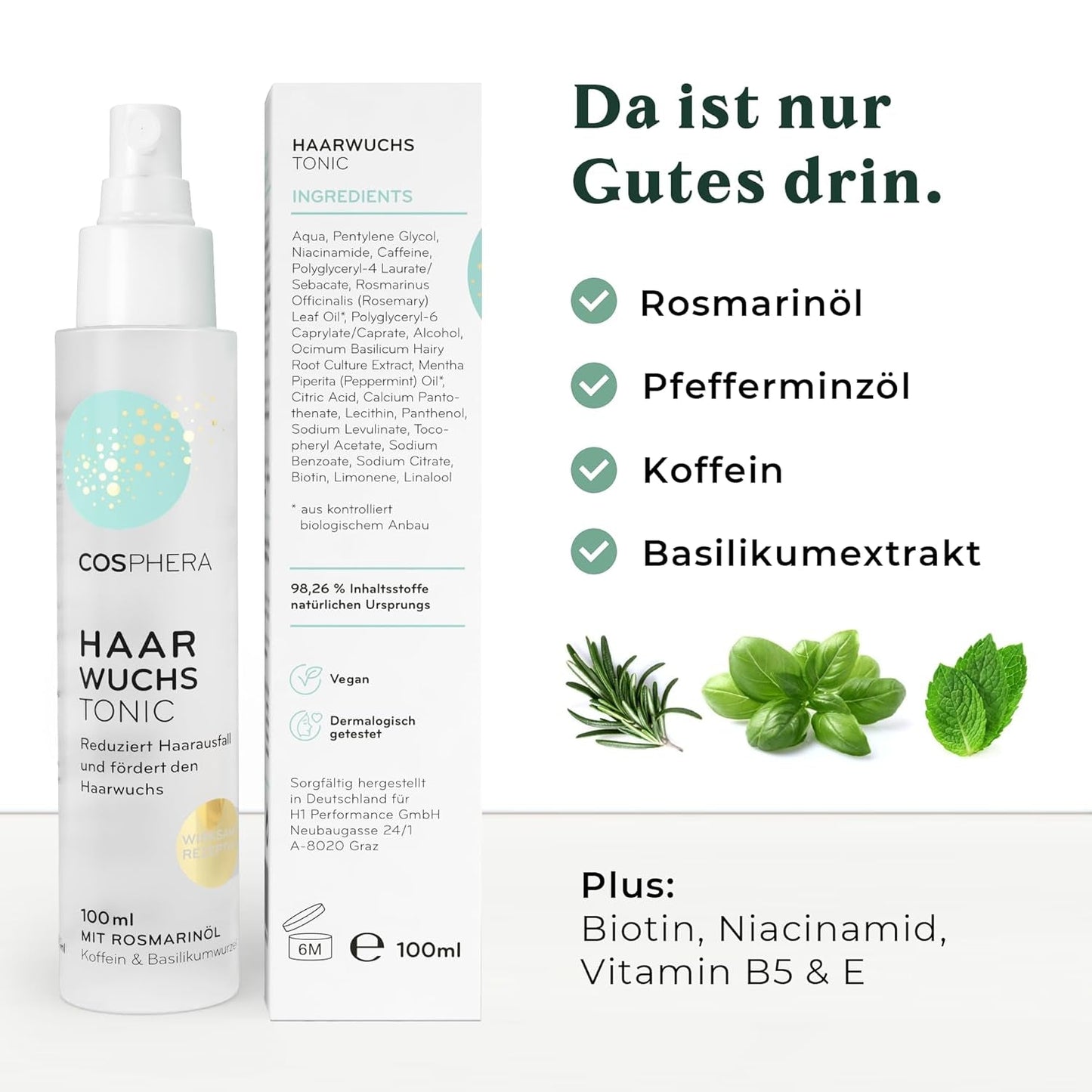 Rosemary Oil Hair Tonic Spray 100ml - Rosemary Oil Spray accelererer naturligt hårvæksten - Hårvækstmiddel for kvinder og mænd - Hårtabsserum - Rosemary Hair Oil fra Cosphera Hair Care Naty Shop