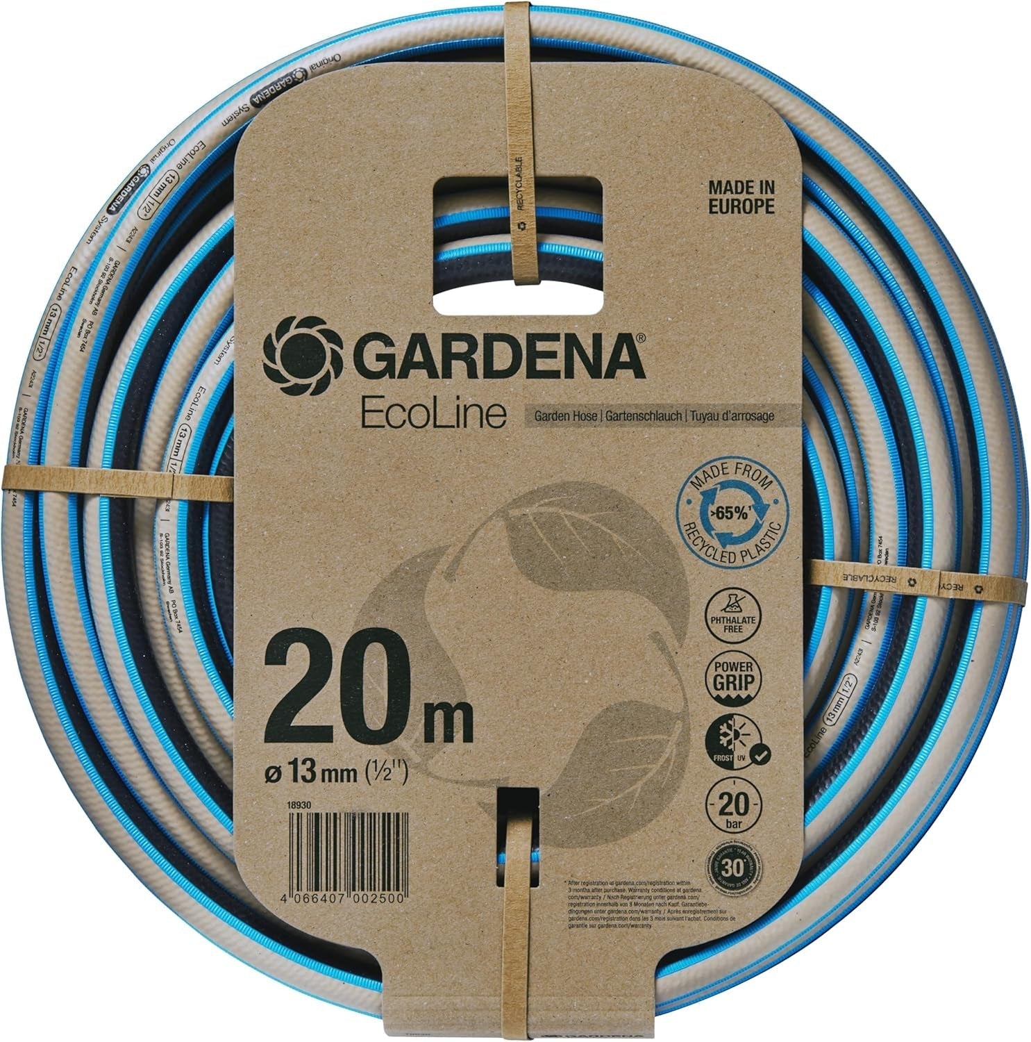 Gardena EcoLine slange 1/2 tomme, 20 m uden systemkomponenter: Bæredygtig haveslange lavet af genbrugsplast, fri for ftalater og forurenende stoffer, stærk grebsfunktion, frost- og UV-bestandig (18930-20)