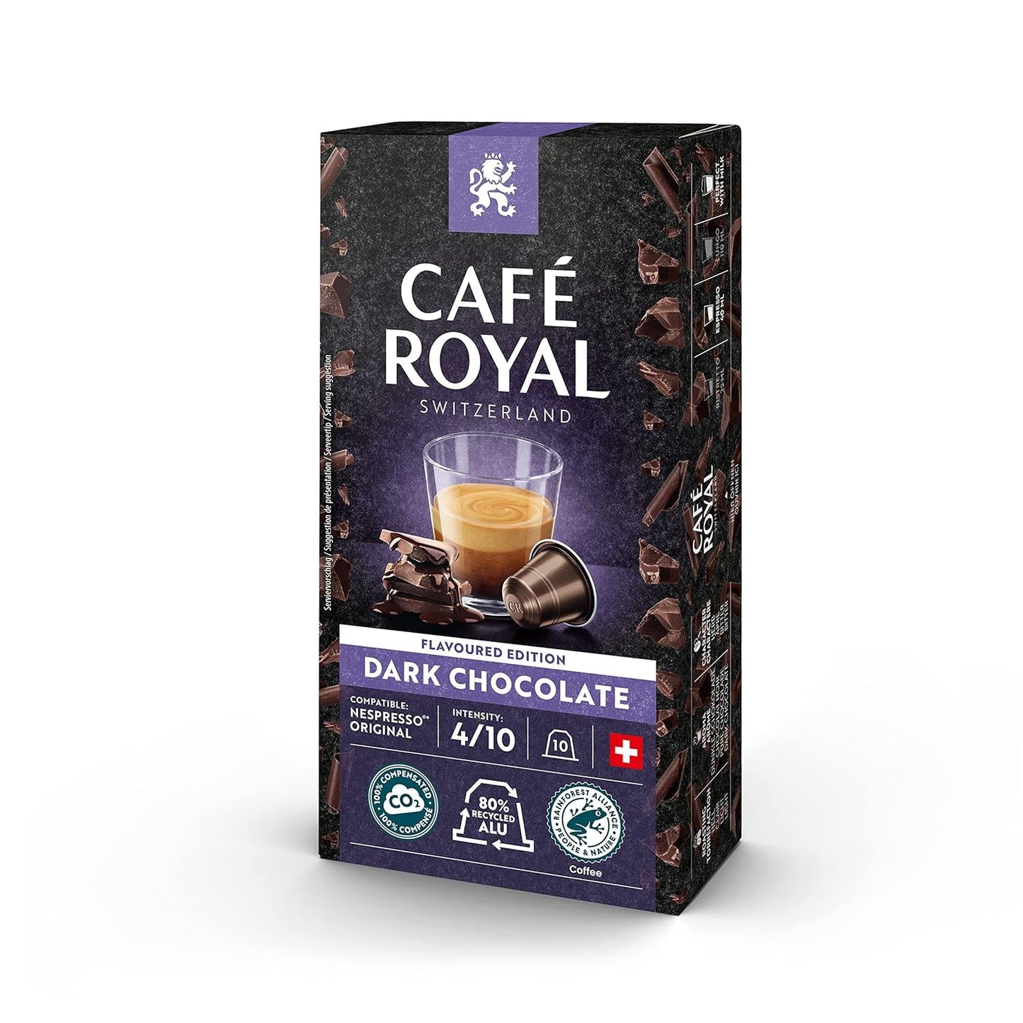 Café Royal Dark Chocolate Flavored 100 Kapseln für Nespresso Kaffee Maschine - 4/10 Intensität - UTZ-certifiziert, aus Aluminium & Lungo 36 Kapseln für Nespresso Kaffee Maschine - 4/10 Intensität