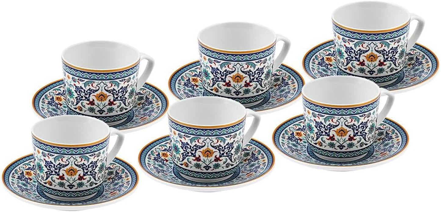 KARACA Beylerbeyi - 12 stykker tyrkisk kaffekopsæt Espressokopsæt af porcelæn med 6 underkopper 80 ml Espressokopsæt Traditionelt design - Blå