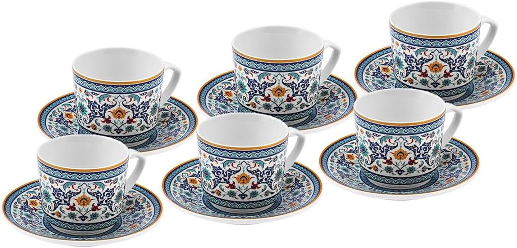 KARACA Beylerbeyi - 12 stykker tyrkisk kaffekopsæt Espressokopsæt af porcelæn med 6 underkopper 80 ml Espressokopsæt Traditionelt design - Blå