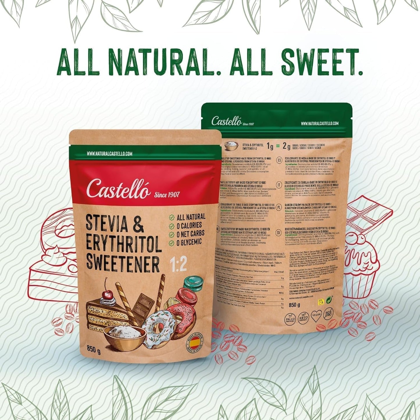 Stevia + Erythritol 1:2 Süßstoff | 1G = 2G Zucker | 100% Natürlicher Zuckerersatz - 0 Kalorien - 0 Glykämischer Index - Keto Und Paleo - 0 Netto-Kohlenhydrat - Kein GVO - Castello siden 1907 - 850 G Sødemidler Naty Shop