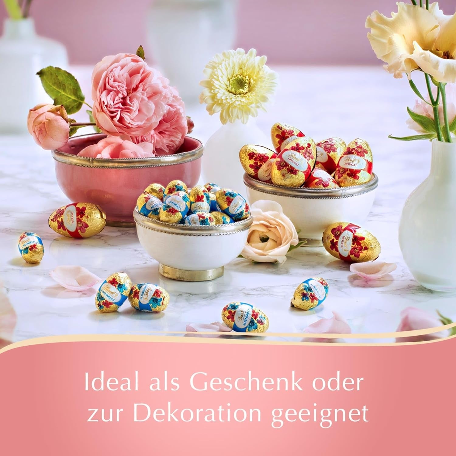 Æg Lindt Nougat Edition Blomst 90g | Hasselnøddenougat i fin mælkechokolade | Forårsdesign påskeæg | Påskechokolade | Chokoladeæg | Gave af chokolade | Gaveidé