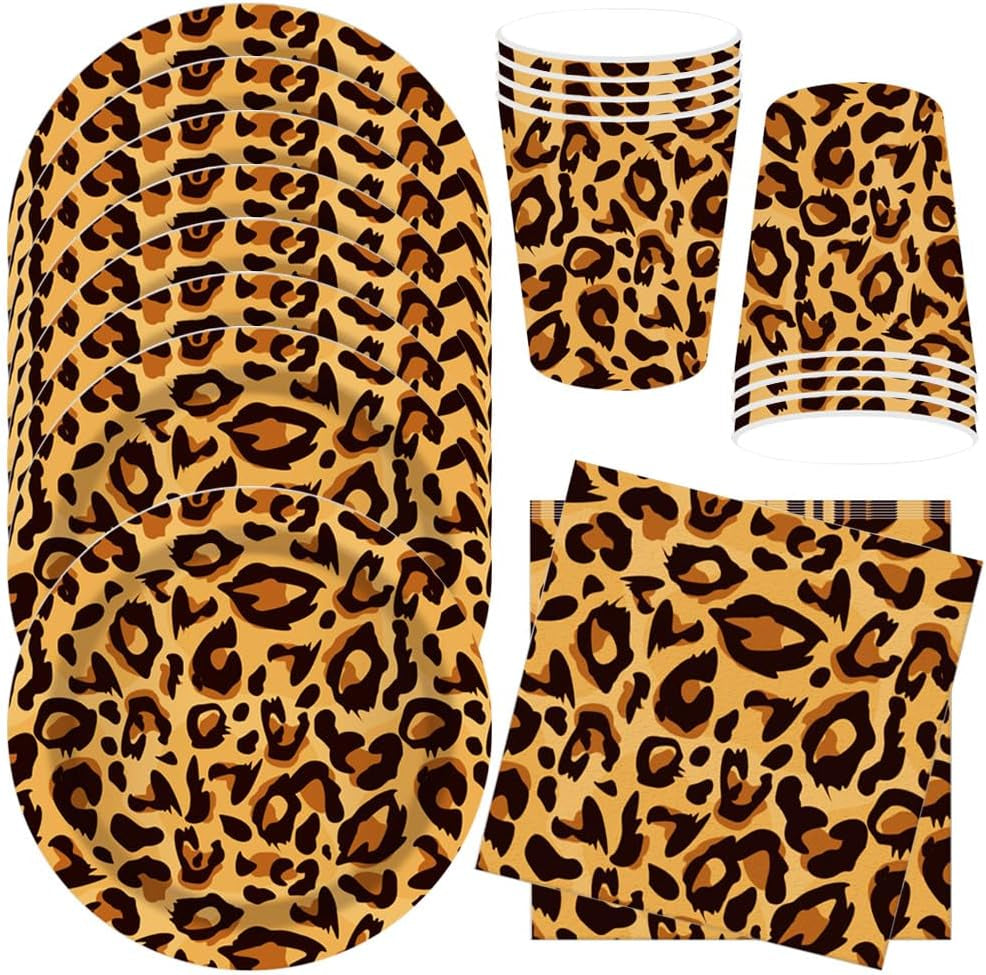 Leopardmønster Party Geschirr Kindergeburtstag Deko Geburtstag Party Geschirr Dschungel Pappteller Becher Servietten Babyparty Tischdeko Sæt