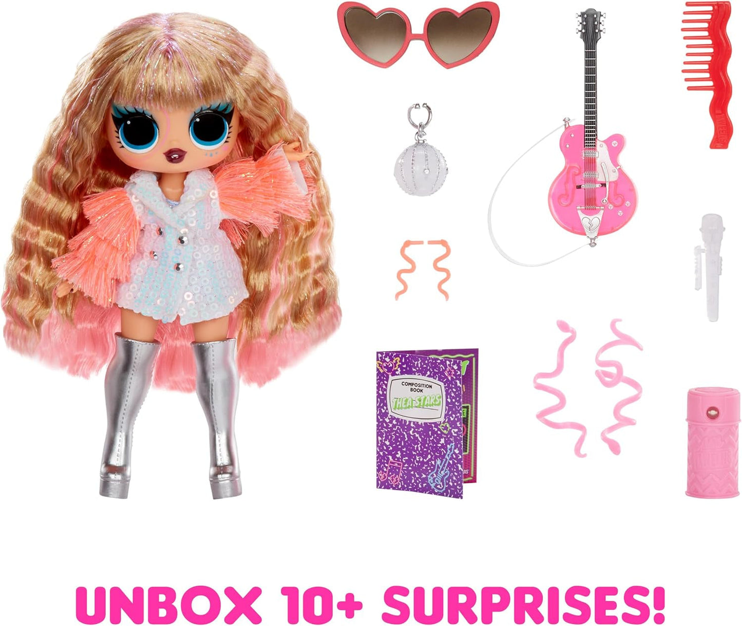 LOL overraskelse! Tweens Neon Pop Stars - Thea Stars - 1 modedukke med baggrundsbelyste overraskelser og over 10 Pop Star-tøj og tilbehør, inklusive hendes hot pink guitar, gave til børn fra 4 år og opefter