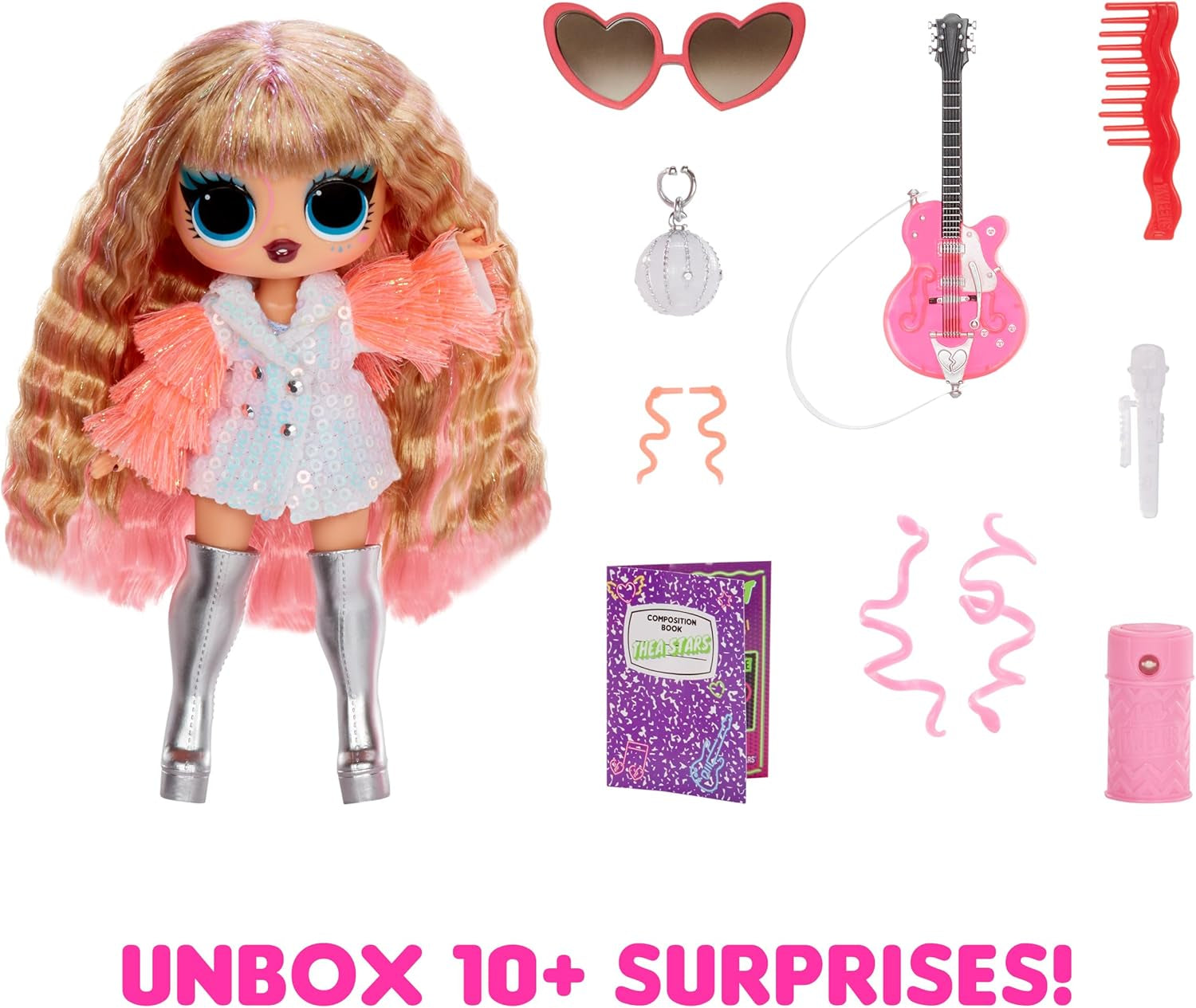 LOL overraskelse! Tweens Neon Pop Stars - Thea Stars - 1 modedukke med baggrundsbelyste overraskelser og over 10 Pop Star-tøj og tilbehør, inklusive hendes hot pink guitar, gave til børn fra 4 år og opefter