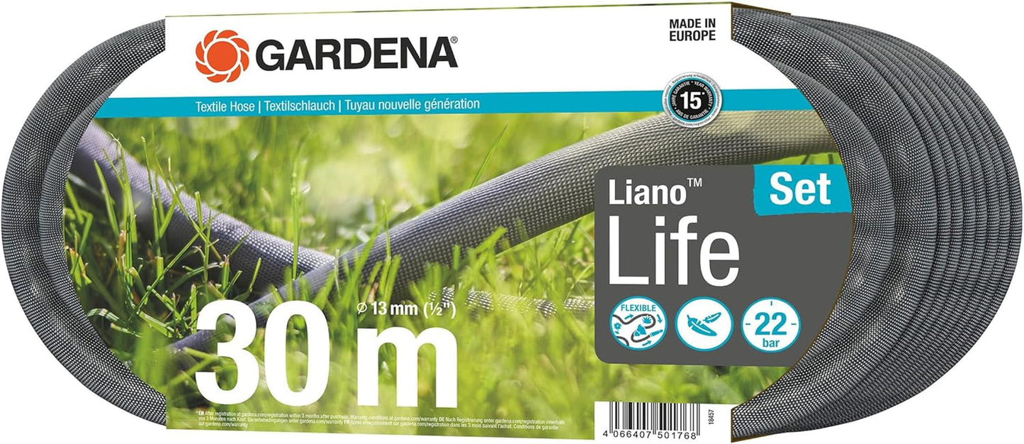 Gardena Liano Life 1/2 tommer tekstilslange, sæt 30m: Ekstremt fleksibel tekstilhaveslange med PVC inderslange, knækfri, let, vejrbestandig (18457-20)