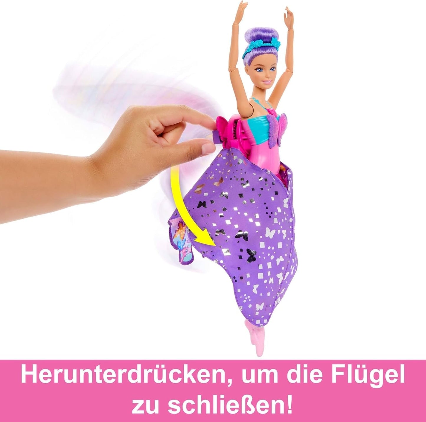 Barbie Dance And Flutter 2-i-1 danser-til-sommerfugl transformationsdukke med åbne vinger, lilla hår, hårsmykker og aftagelig tutu, HXJ10 Naty Shop-dukker