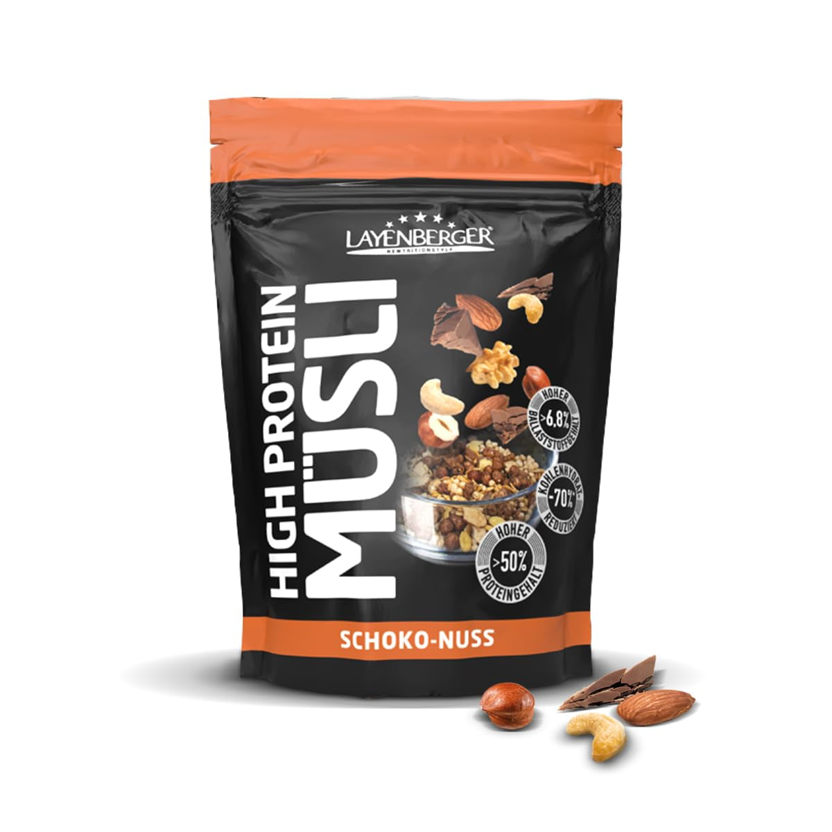 Layenberger 3K højproteinmüsli, 50% Eiweiß og 18% Kohlenhydrat - Enkeltpakke (1X 390 G) - Schoko-Nuss Cereale Naty Shop 390 G (1Er Pakke) Schoko-Nuss