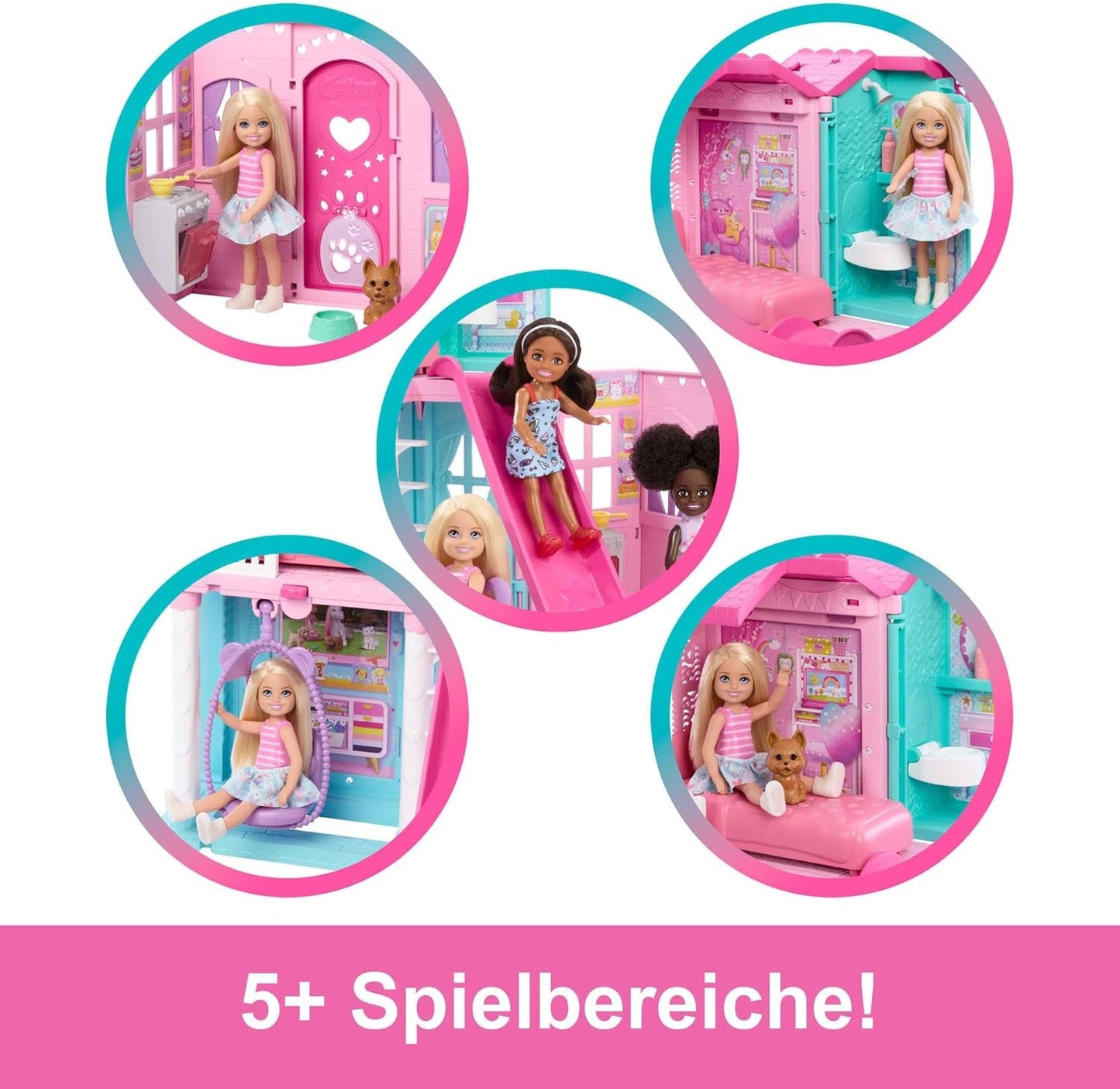Barbie Chelsea dukkehus med 15+ tilbehør, pop-up-hus udvides til over 42 x 33 cm med 5 legeområder og en rutsjebane, med en lille dukke og en hund, JFW49