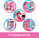 Barbie Chelsea dukkehus med 15+ tilbehør, pop-up-hus udvides til over 42 x 33 cm med 5 legeområder og en rutsjebane, med en lille dukke og en hund, JFW49