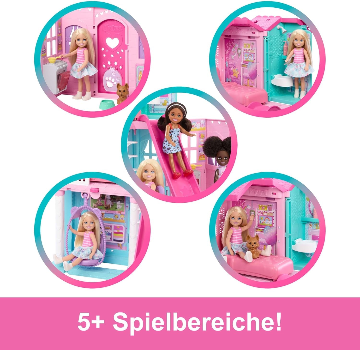 Barbie Chelsea dukkehus med 15+ tilbehør, pop-up-hus udvides til over 42 x 33 cm med 5 legeområder og en rutsjebane, med en lille dukke og en hund, JFW49