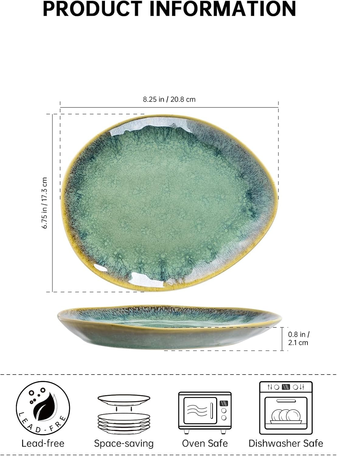 Henten Home Specialtallerkener i stentøj, snack- og sauceskåle - 20x17cm til 4 personer, morgenmadstallerkener i porcelæn - moderne grønt design
