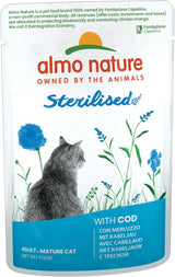 Almo Nature Functional - Steriliseret - Vådfoder til voksne og seniorkatte, steriliseret eller mindre aktive - med torsk og kylling - Fedtfattig, fugtgivende - 70g (pakke med 6)
