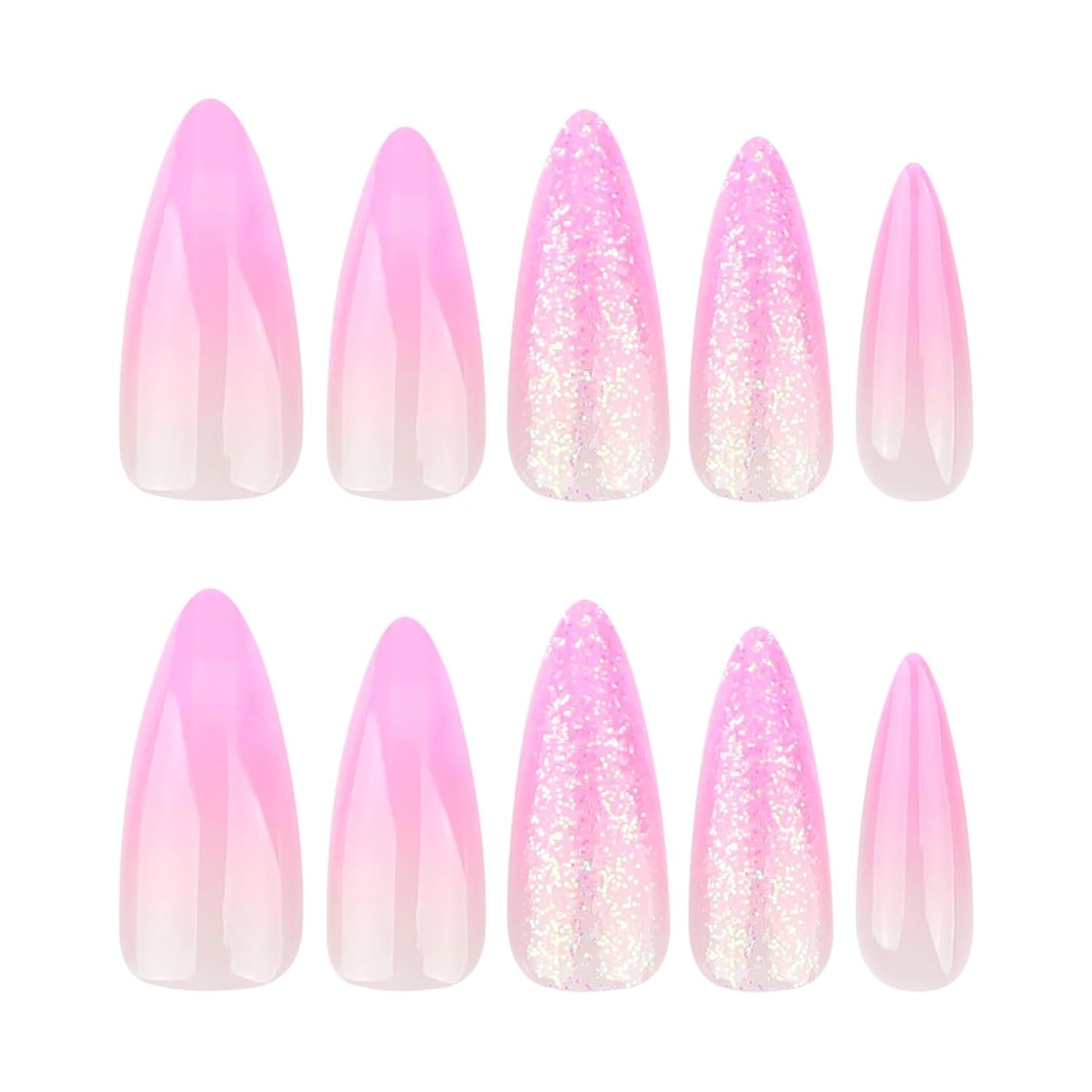 Moonglow Lange Negle Stiletto Mælkehvid Pink Gradient Glitter Cool falske negle med lim Pink Ombre Glitter Kunstige negle