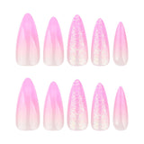 Moonglow Lange Negle Stiletto Mælkehvid Pink Gradient Glitter Cool falske negle med lim Pink Ombre Glitter Kunstige negle