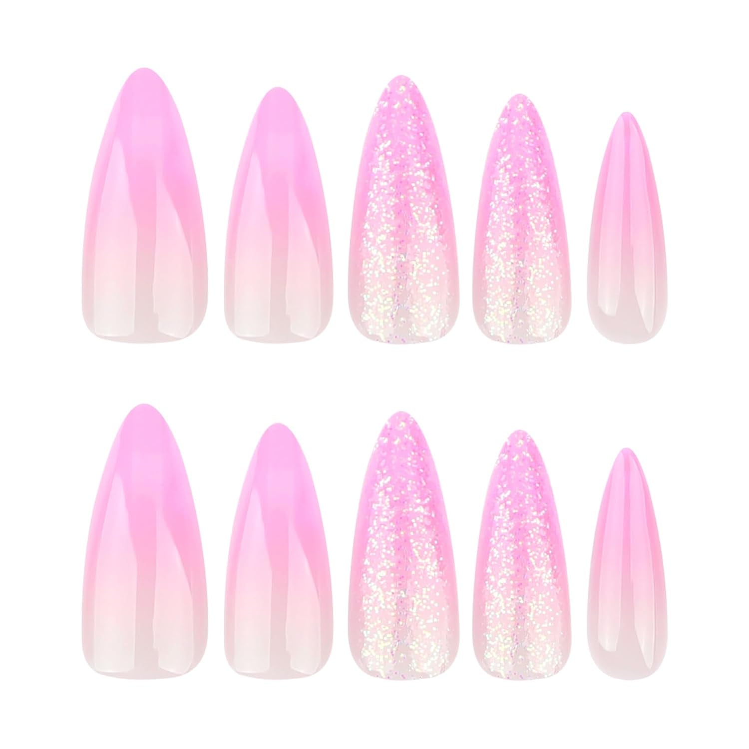 Moonglow Lange Negle Stiletto Mælkehvid Pink Gradient Glitter Cool falske negle med lim Pink Ombre Glitter Kunstige negle