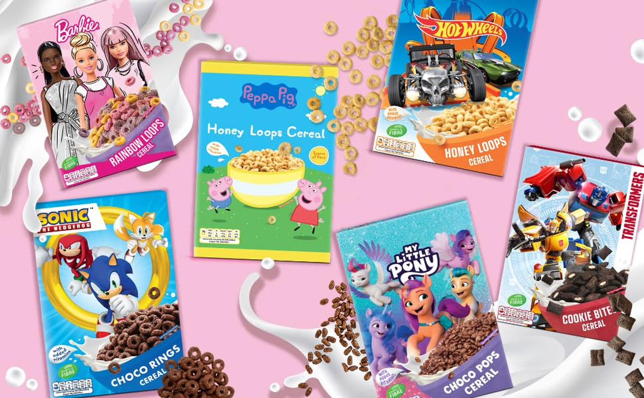 Barbie Rainbow Loops korn, farverige ringe af hvede, havre og majs med frugtsmag til den perfekte morgenmad, 1 pakke (1 x 350 g)