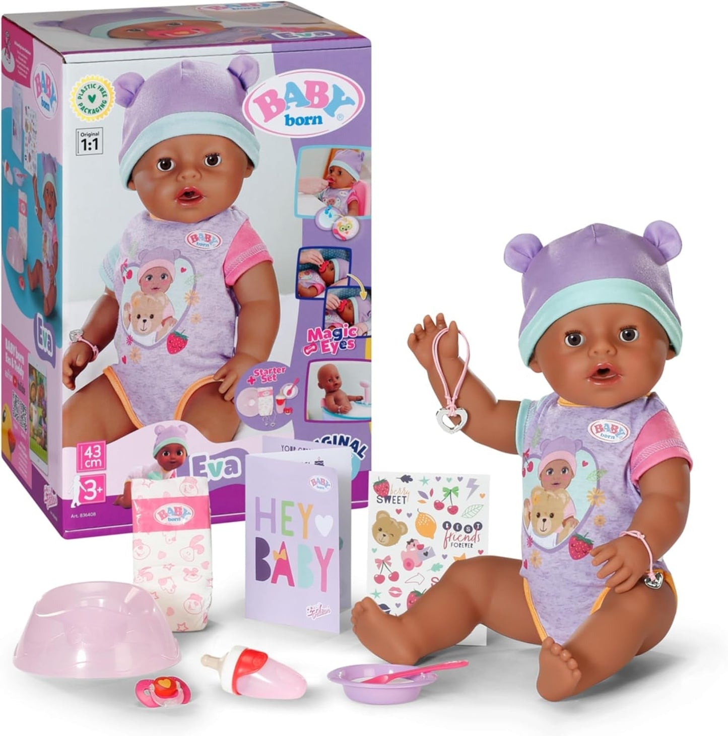 BABY Born Eva 43Cm, dukke med 10 funktioner og tilbehør, til børn fra 3 år, fungerer uden batteri, stor dukke 43Cm, 836408 Zapf Creation Dolls Naty Shop Standard titel