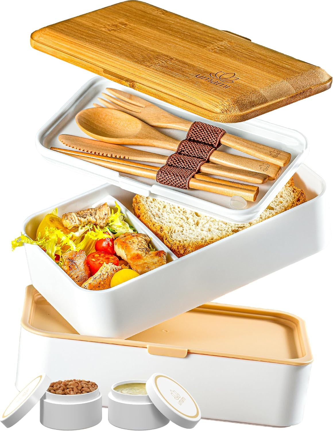 Umami Madpakke til voksne, Lækagesikker stabelbar Bento-kasse med 4 bestik og rum, Voksen Madkasse, To-Go-salatbeholder, Picnic-/kontormadkasse, koksgrå, 1500 ml