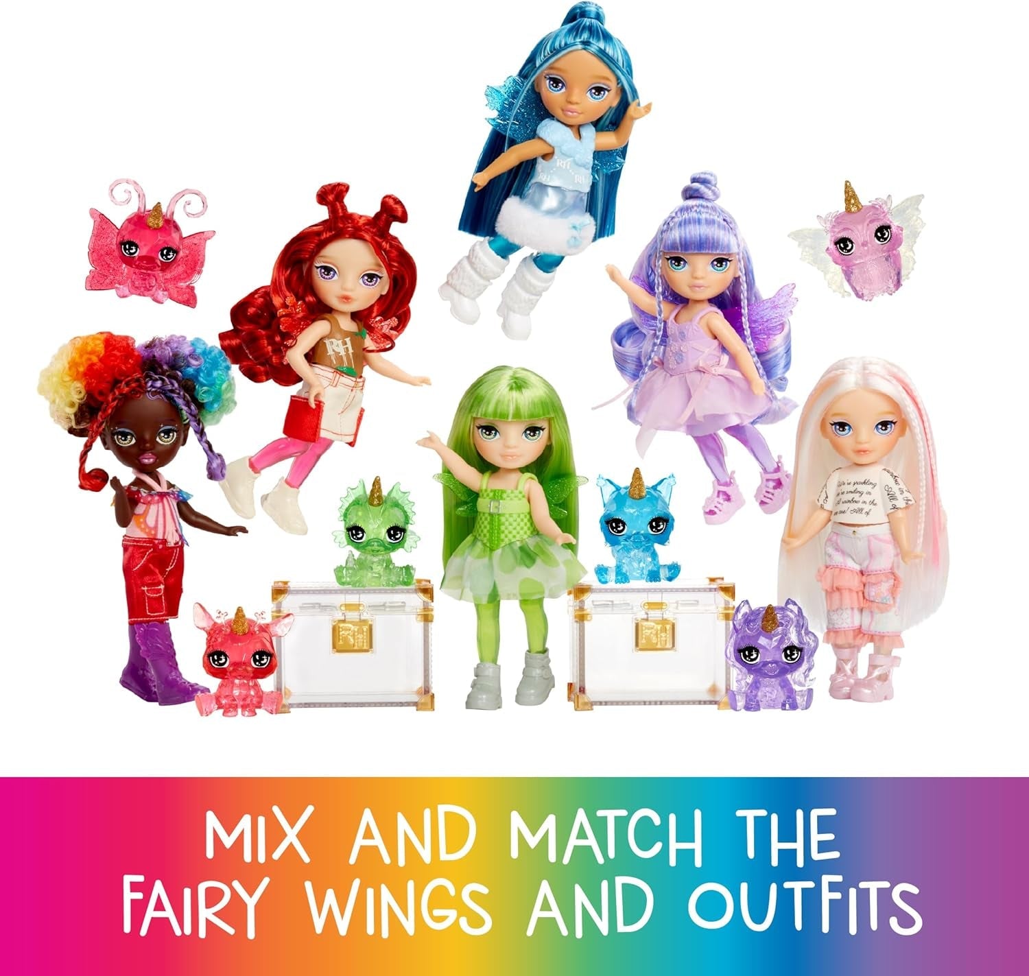 Rainbow High Littles Rainbow Fantasy Fairy and Pet - Emerald, Green - 14 cm artikuleret lille Fantasy Dragon Dukke med udskiftelige Fairy Wings, sød gave til børn fra 4 år og opefter
