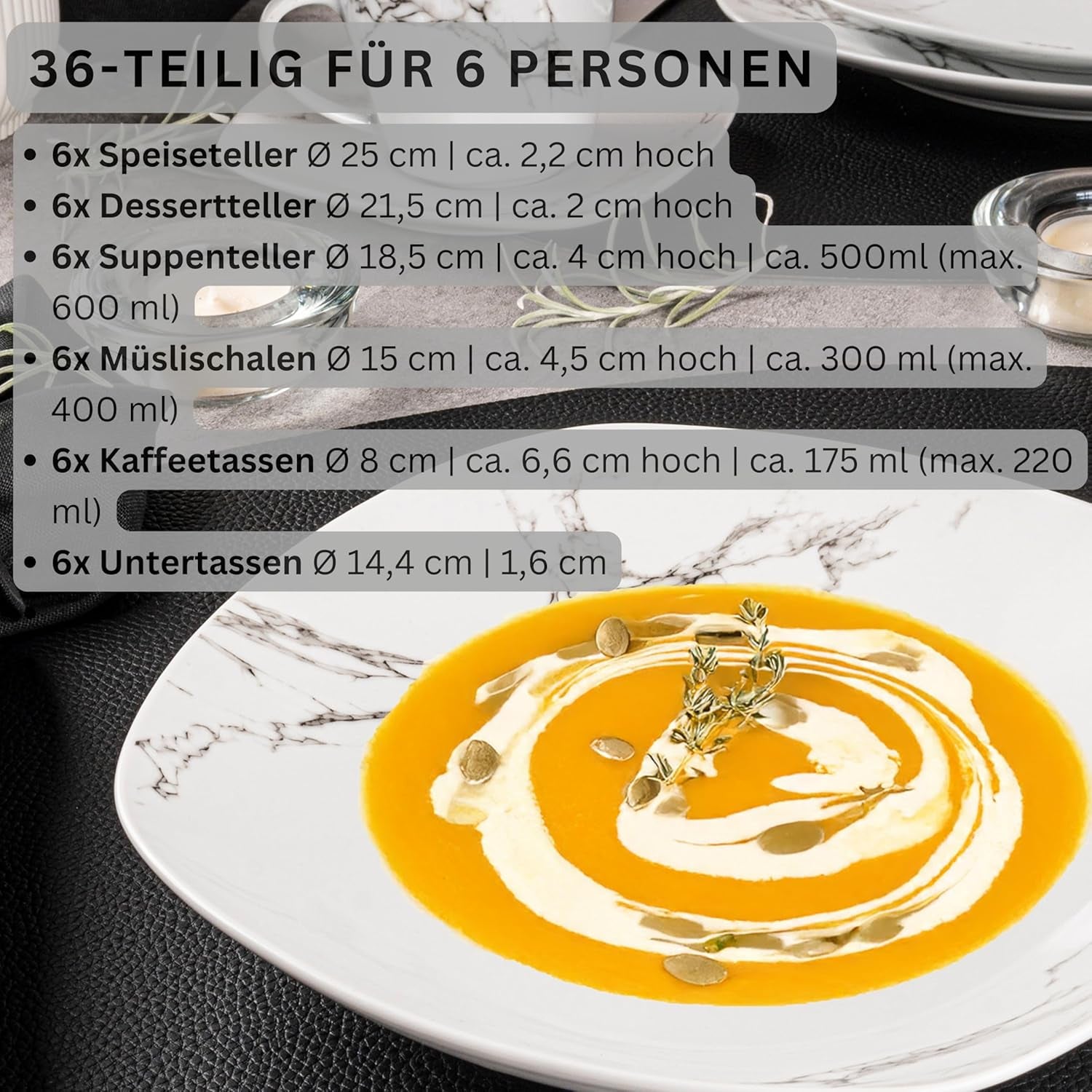 SANGER | Bilgola Marmor Combination Sergey Sæt 36-Deles Porcelænssæt til 6 med middagstallerkener, desserttallerkener, suma tallerkener, kornskåle, kaffetallerkener og porcelænsskåle, firkantede | PREMIUM KOLLEKTIONEN
