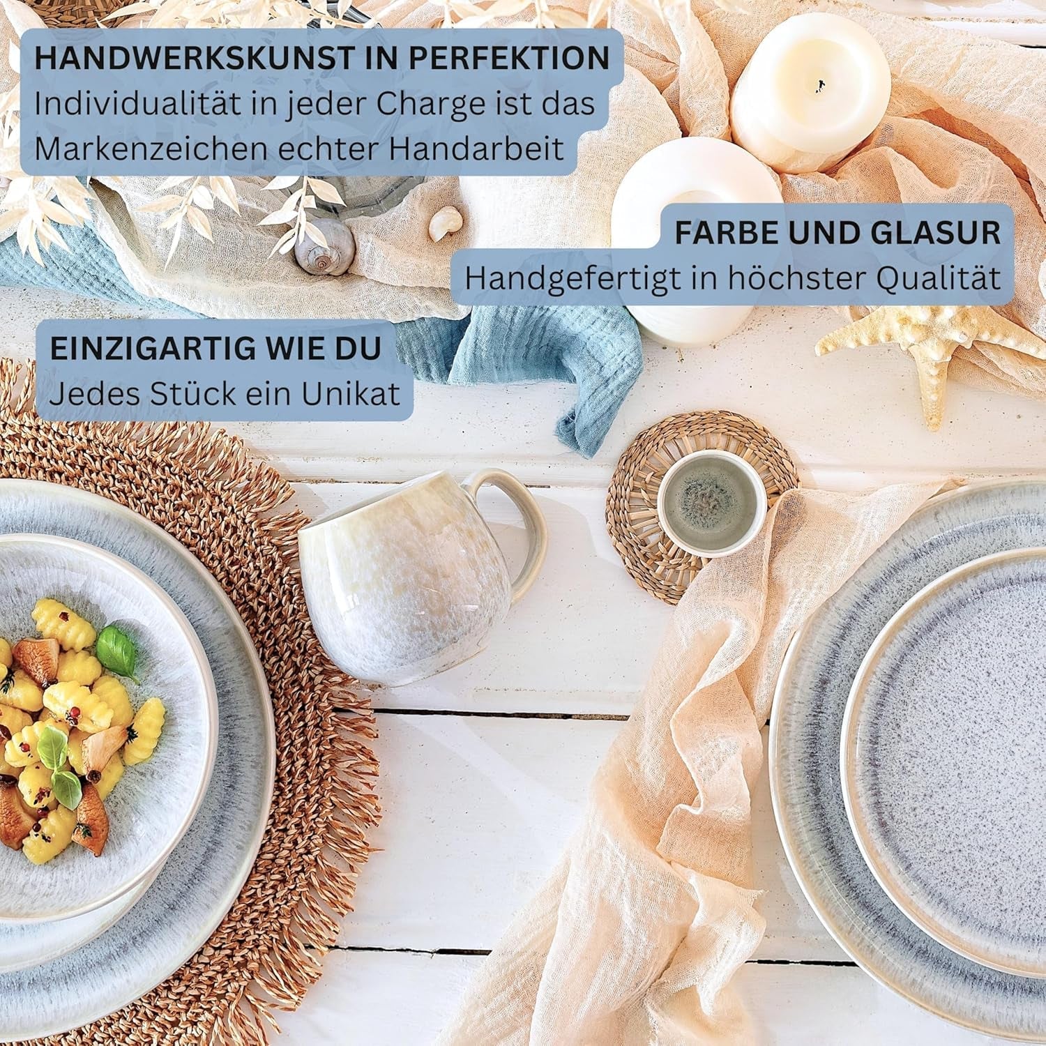 SANGER | 12 stykker Santorini Spisetøj Sæt 4 Person Tallerken Sæt MEGET GOD Vurderet Stentøj Spisetøj Sæt Inklusiv middagstallerkener, Dessert tallerkener og Suma tallerkener Creme Lila Blå Gradient | PREMIUM KOLLEKTIONEN
