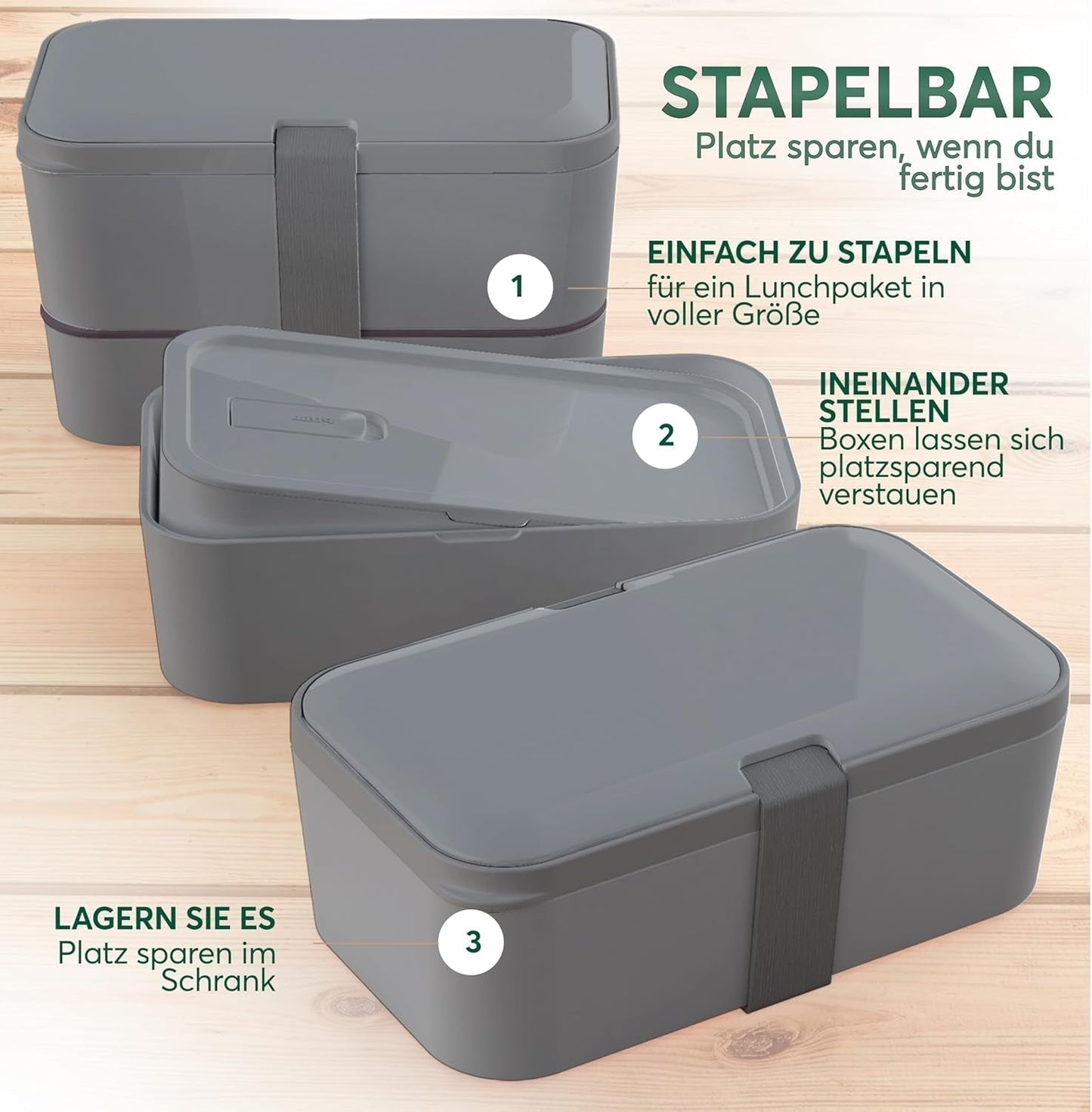 Umami madpakke til voksne, stabelbar Bento-boks med 4 bestik og rum, madpakke til voksne, to-go salatbeholder, Picnic/kontor madpakke, koksgrå, 1500 ml madopbevaringsbokse Naty Shop