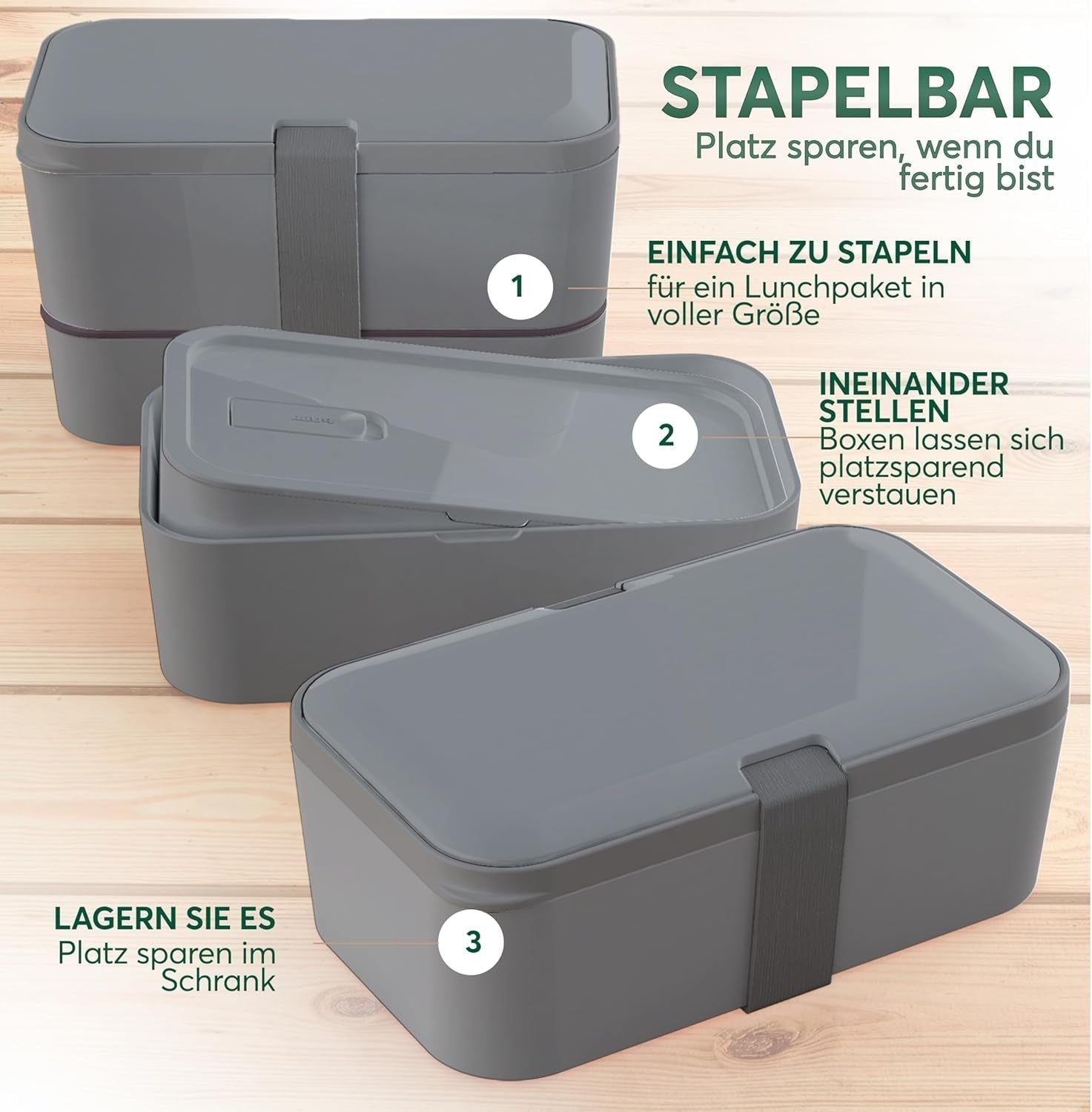 Umami madpakke til voksne, stabelbar Bento-boks med 4 bestik og rum, madpakke til voksne, to-go salatbeholder, Picnic/kontor madpakke, koksgrå, 1500 ml madopbevaringsbokse Naty Shop