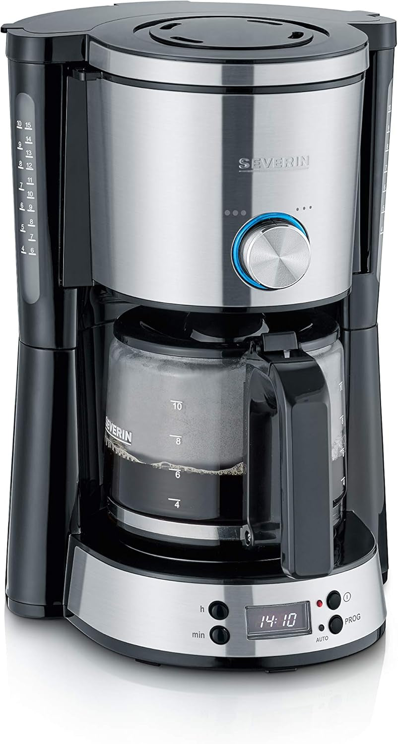 SEVERIN "TypeSwitch" espressomaskine med glaskaraffel og timer, AromaSwitch til valg af 2 bryggemuligheder, digitalt ur med timerfunktion, til op til 10 kopper, 1000W, børstet rustfrit stål-sort, KA 4826