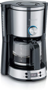 SEVERIN "TypeSwitch" espressomaskine med glaskaraffel og timer, AromaSwitch til valg af 2 bryggemuligheder, digitalt ur med timerfunktion, til op til 10 kopper, 1000W, børstet rustfrit stål-sort, KA 4826