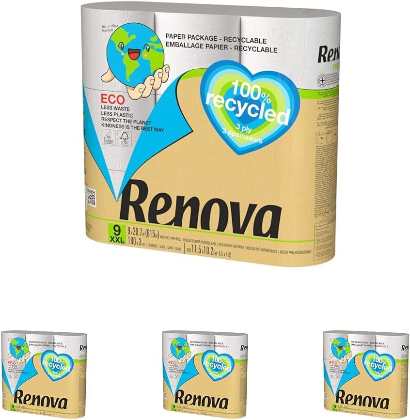 Renova 100% GENBRUG toiletpapir 9 ruller, hvid, alm