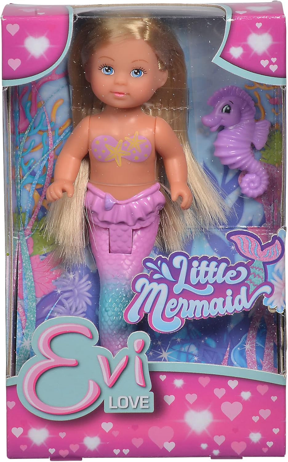 Simba 105733424 - Evi elsker den lille havfrue, assorteret 2 måder, kun EN vare vil blive leveret, Evi som en havfrue, bevægelig halefinne, med søhest, 12 cm modedukke, 3+