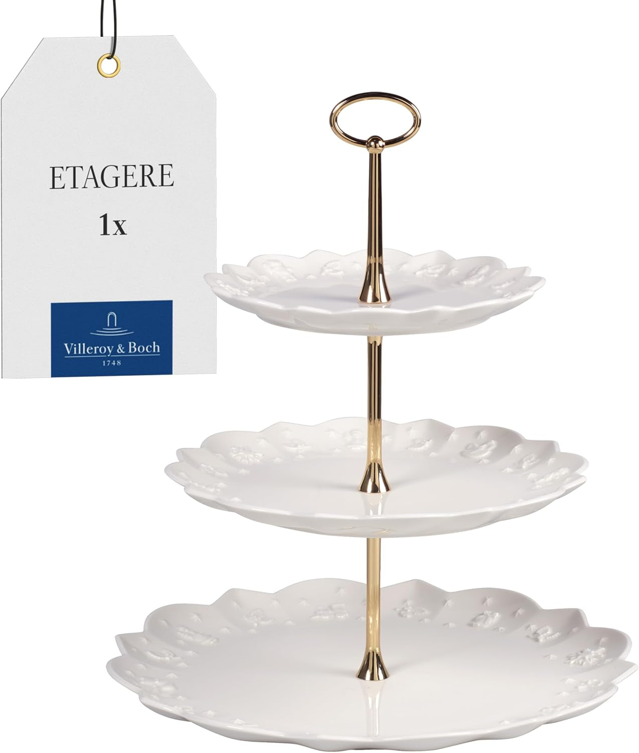 Villeroy & Boch Toys Delight Royal Classic hylde, dekorativt udstillingsstander i flere niveauer til småkager, kager og små kagestykker, premium porcelæn, hvid