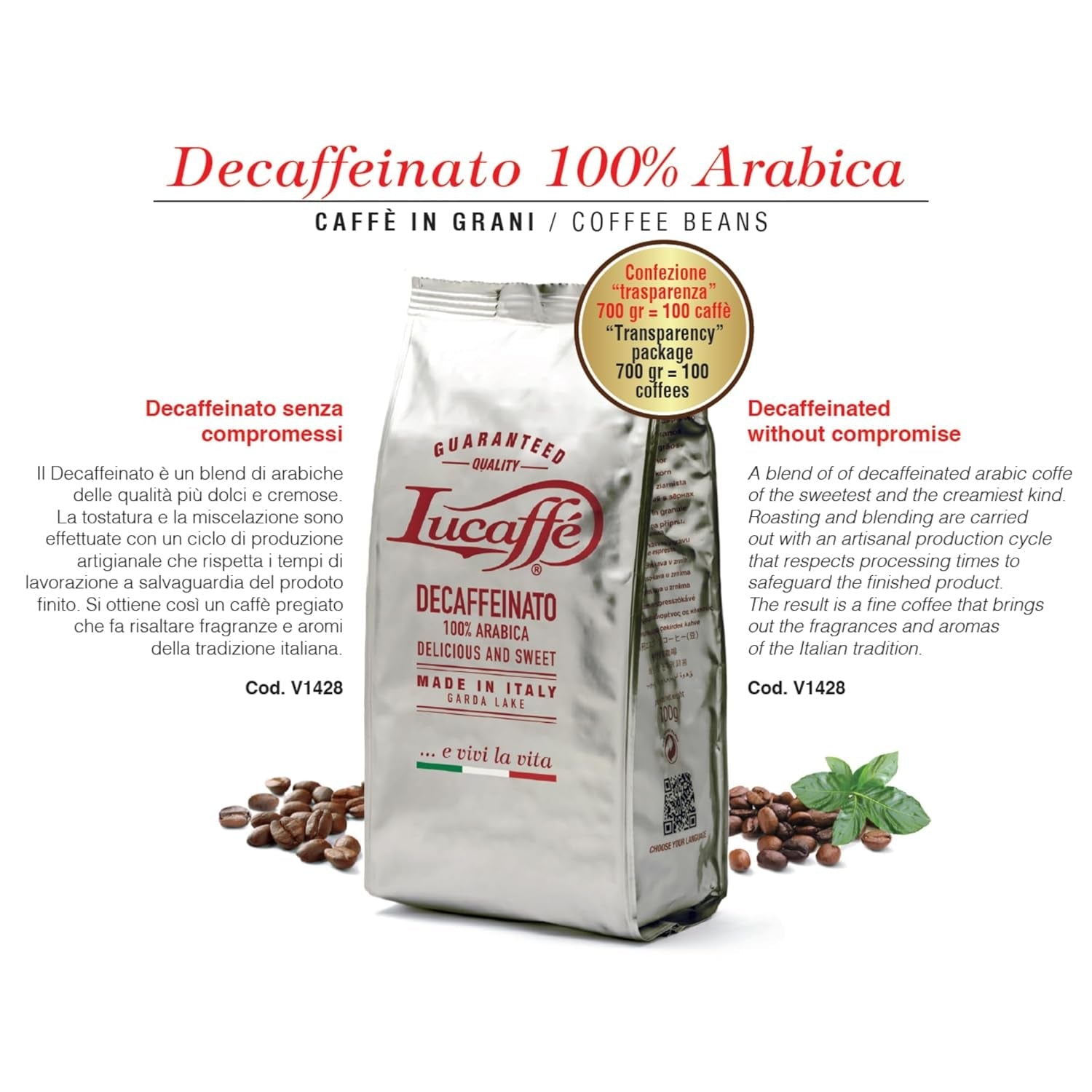 Lucaffè - Entkoffeinierte Kaffeebohnen Decaffeinato, 700 Gr | Kaffeebohnen zum Mahlen für Espresso ohne Kaffein | Mørk Röstung | Süßer und fruchtiger Gesmack, cremet | Aroma intensiv