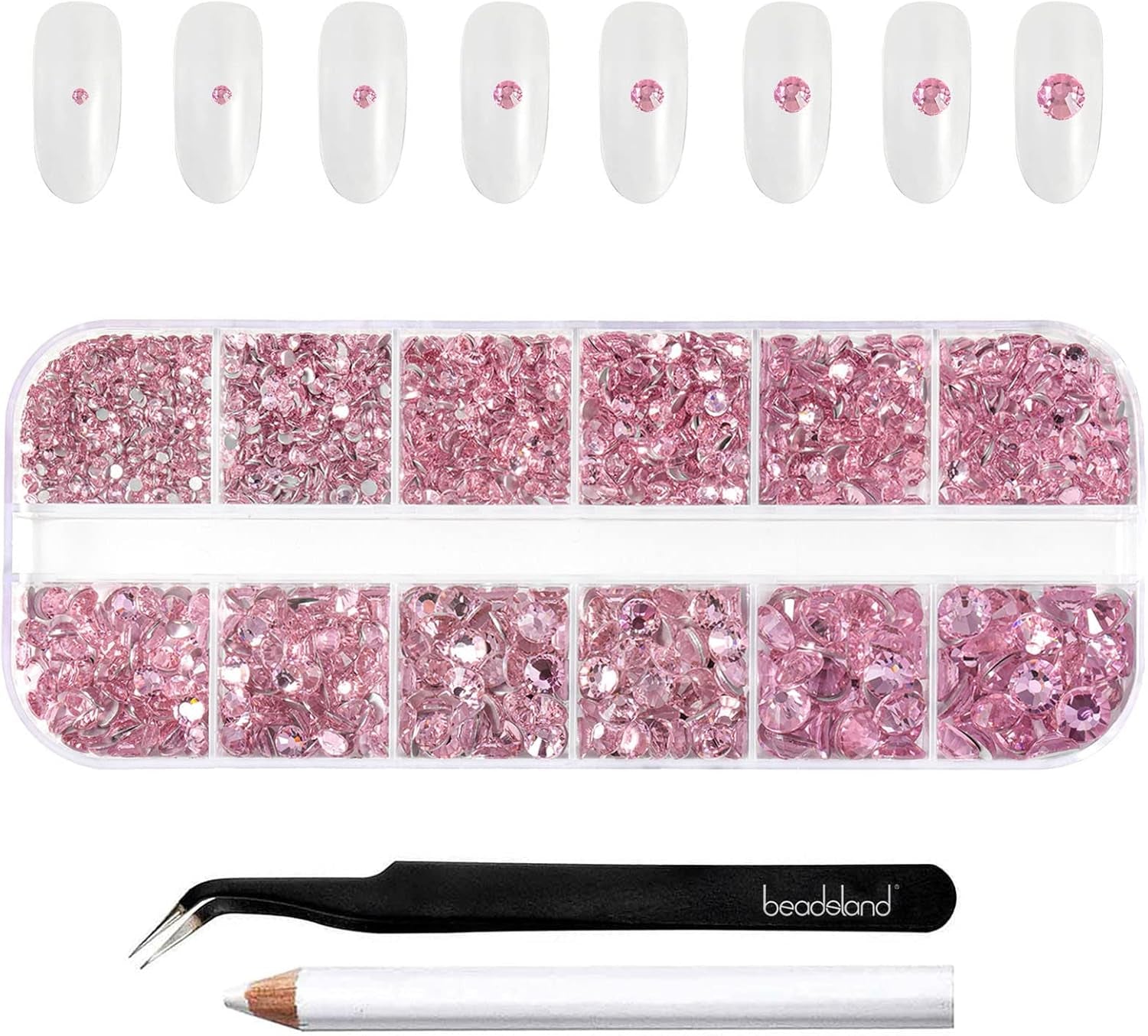 Beadsland 2500 stk Glas Nailart Strasssteine ​​​​Kristall Flatback Edelsteine ​​​​Runde, ​​Für Handwerk Gemischt 8 Größen SS4 ~ SS30 Mit Picking Pinzette Und Stift (Kristall Weiss)