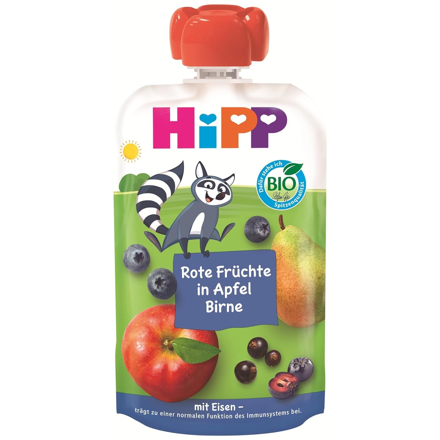 HiPP Bio Quetschie Frucht Plus Rote Früchte i Apfel Birne plus Eisen - Willi Waschbär (8 x 100g), ca. 1 Jahr, 100% Fruchtpüree, ohne Zuckerzusatz, vegansk, i bedre Bio-Qualität