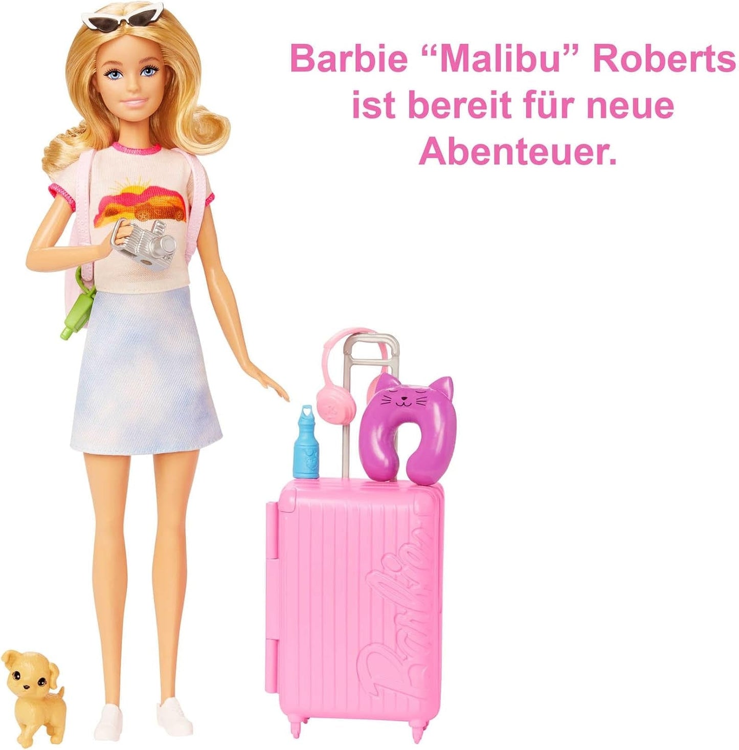 Barbie-dukke, rejse-barbie med blondt hår, 10+ rejsetilbehør, klistermærker, kuffert, hvalp, inkluderer 1 dukke, gave til børn, 3+-legetøj, HJY18