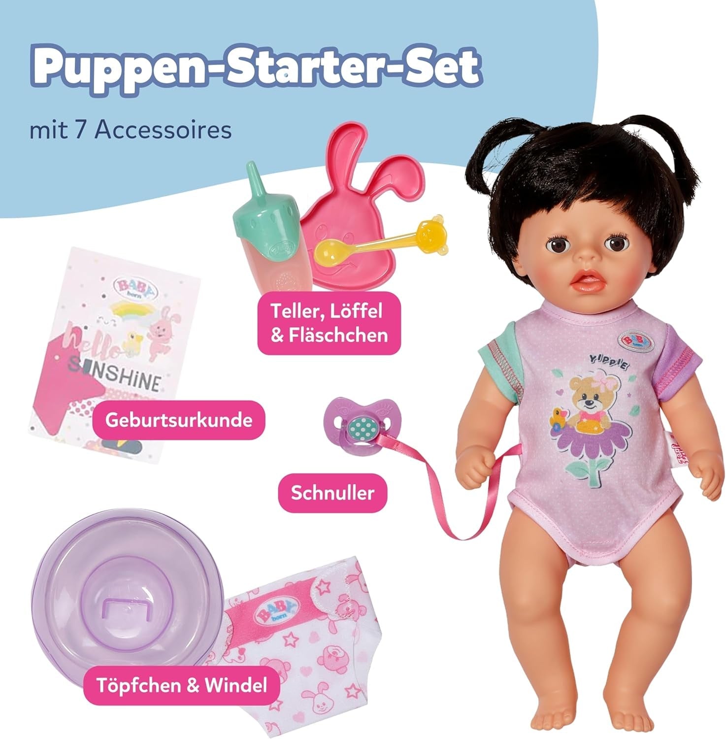 BABY Born Amy - 36 cm dukke - Babydukke med 7 funktioner til småbørn fra 1 år - Virker uden batterier - Inkluderer tilbehør og madras