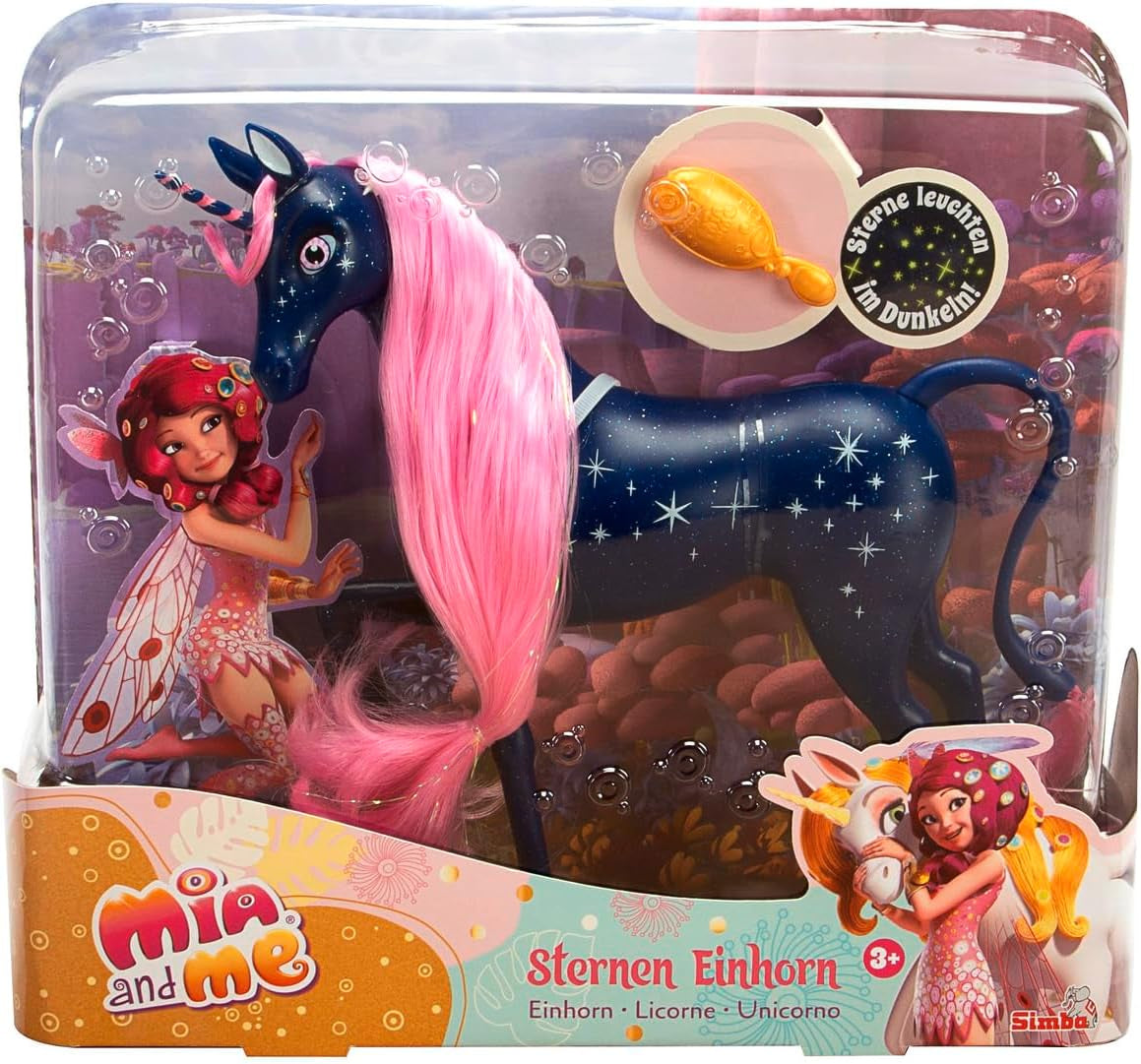 Simba 109483043 - Mia and Me Starry Unicorn 25 cm, Legetøjshest med Glow-in-the-Dark stjerner på krop og hårbørste, 3+