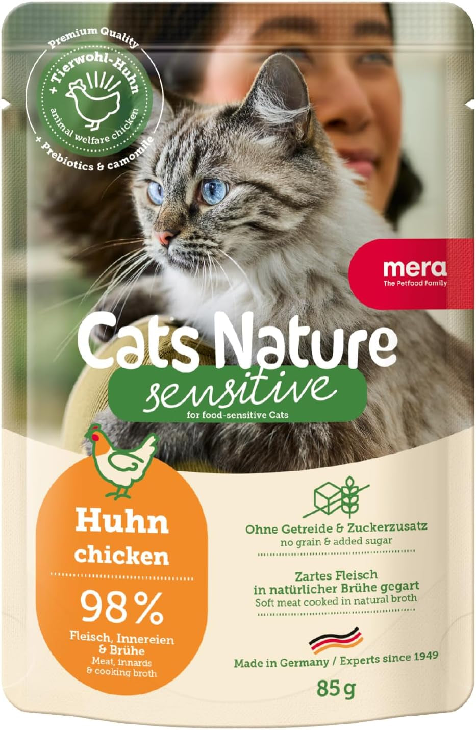 Vådfoder til katte MERA Cats Nature Sensitive med kylling 12x85g | Monoprotein, sukkerfri og kornfri | Højt kødindhold og letfordøjeligt vådfoder til katte