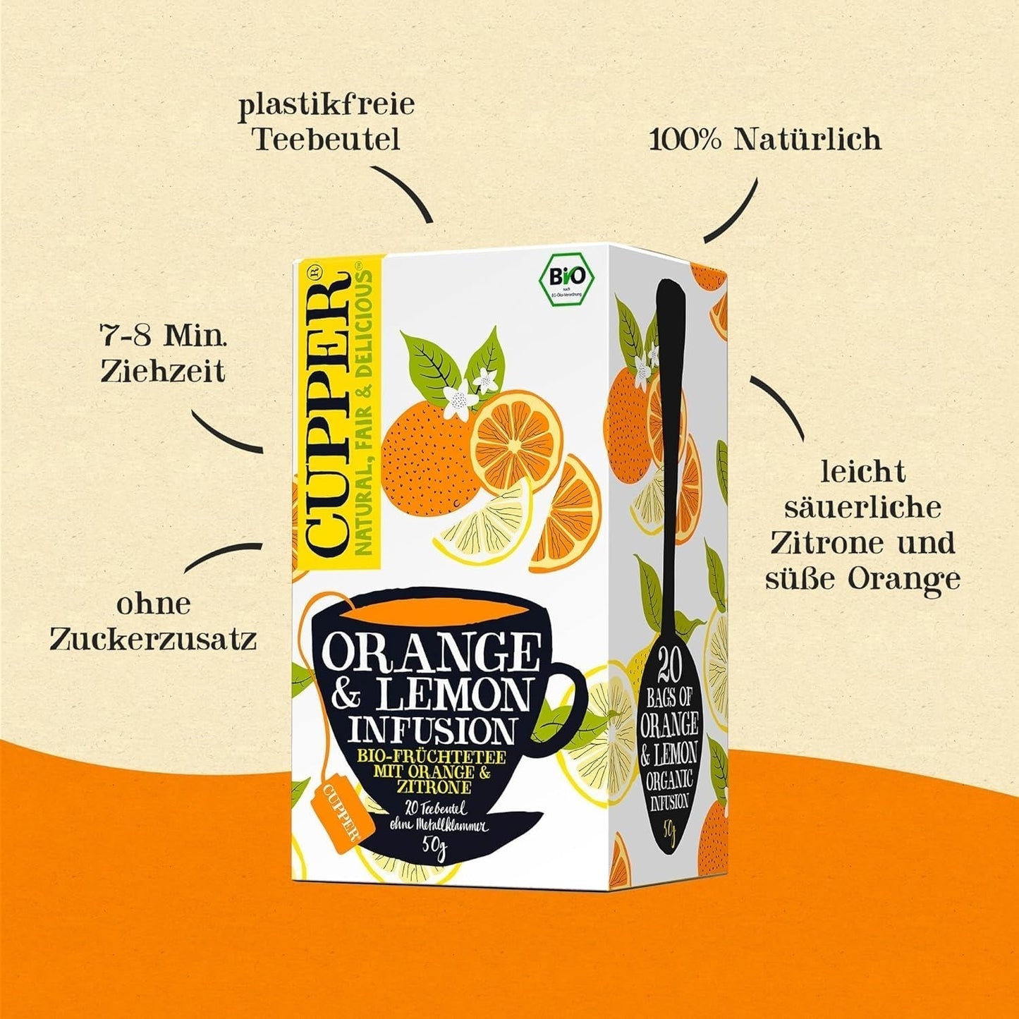 CUPPER Økologisk frugtte "Orange & Lemon Infusion", 20 ublegede teposer, økologisk, fairtrade