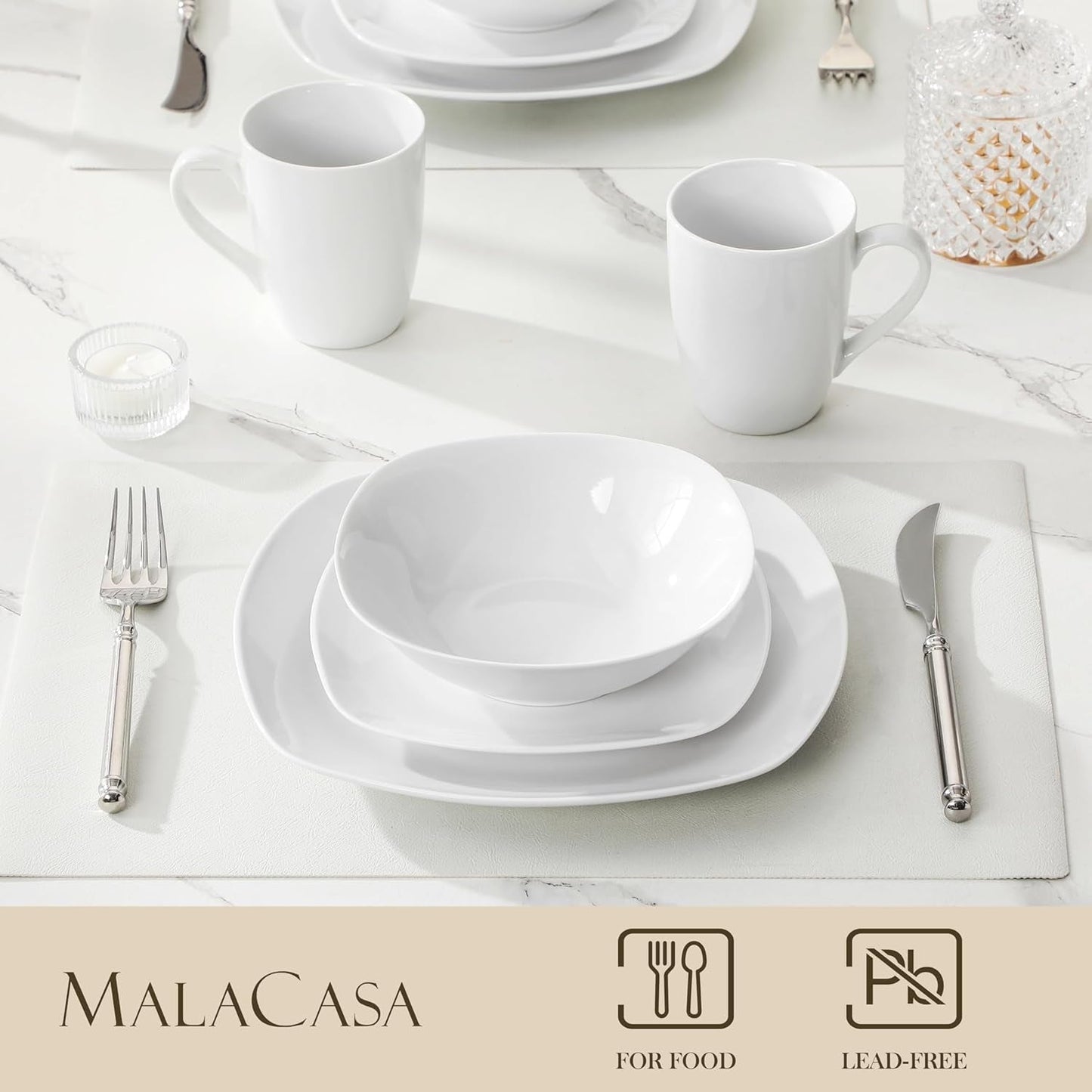 MALACASA Spisesæt til 4, 16-delt hvidt porcelænsservice, moderne servisesæt med 4 middagstallerkener, Desserttallerkener, Suma-tallerkener og -kopper, ELISA-serien