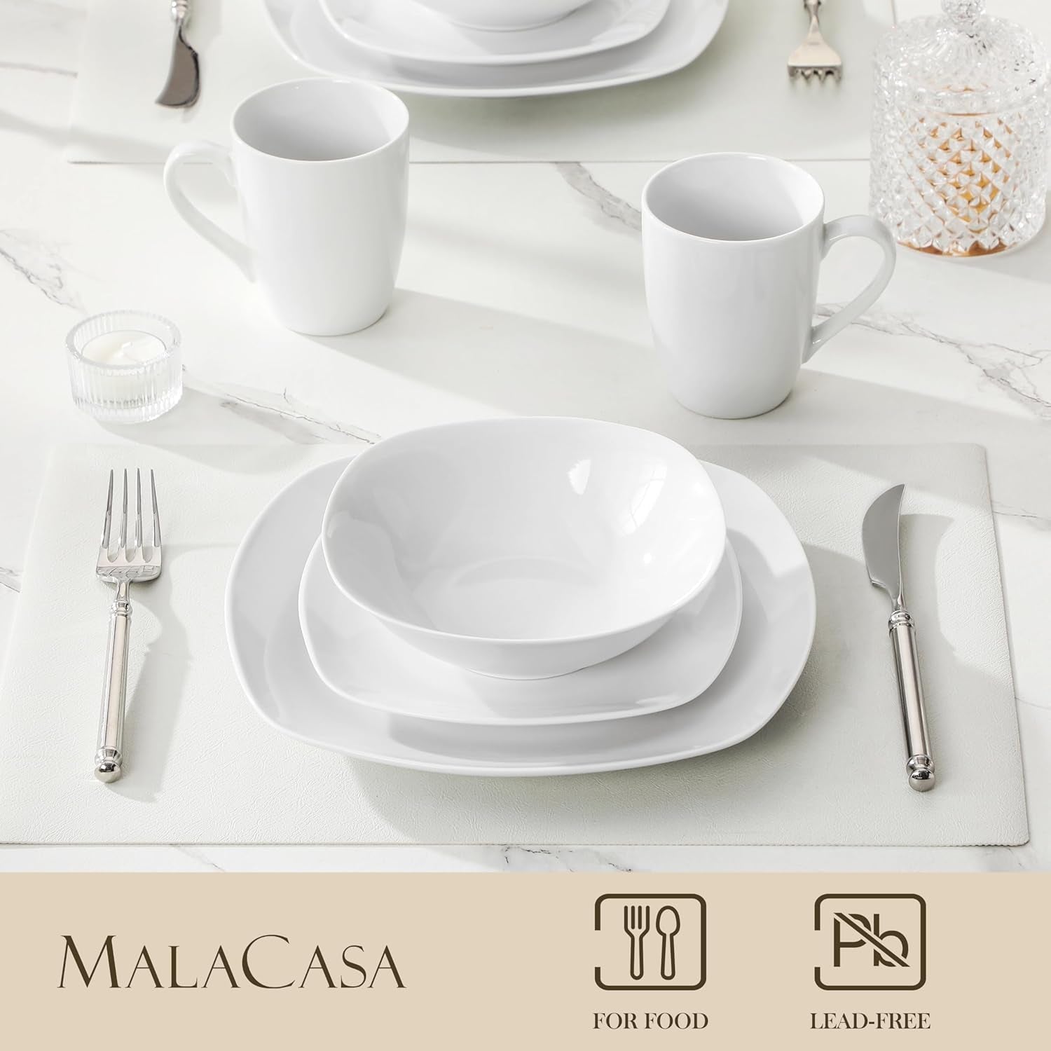 MALACASA Spisesæt til 4, 16-delt hvidt porcelænsservice, moderne servisesæt med 4 middagstallerkener, Desserttallerkener, Suma-tallerkener og -kopper, ELISA-serien