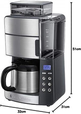 Russell Hobbs kaffemaskine med kværn og termisk karaffel [Digital timer, brusehoved for optimal udsugning og aroma] Grind&Brew (1-10 kopper, 3 maleindstillinger) Filterkaffemaskine 25620-56
