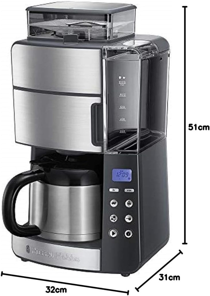 Russell Hobbs kaffemaskine med kværn og termisk karaffel [Digital timer, brusehoved for optimal udsugning og aroma] Grind&Brew (1-10 kopper, 3 maleindstillinger) Filterkaffemaskine 25620-56