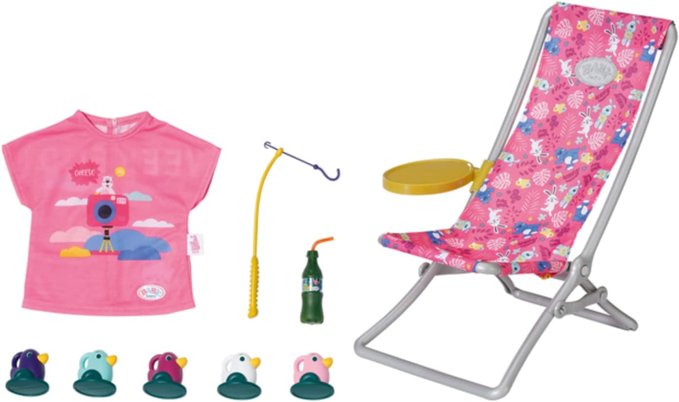BABY born 832790 Weekend Fishing - Fiskedukke-tilbehørssæt med solseng med levende print, sidebord, glas, kurv, ællinger og fiskestang og pink lang skjorte, Pink